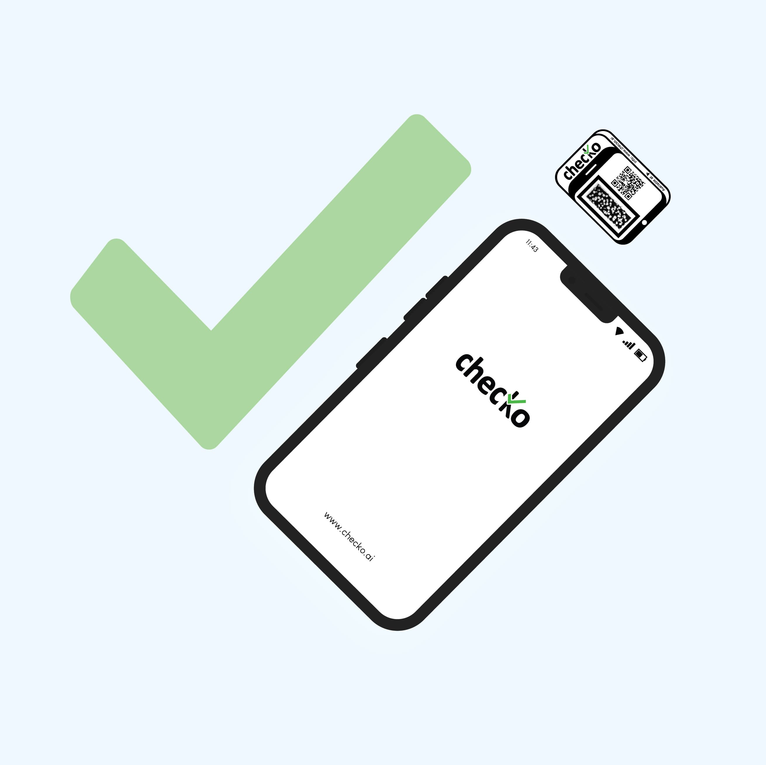 Checko app on a phone next to a large check mark