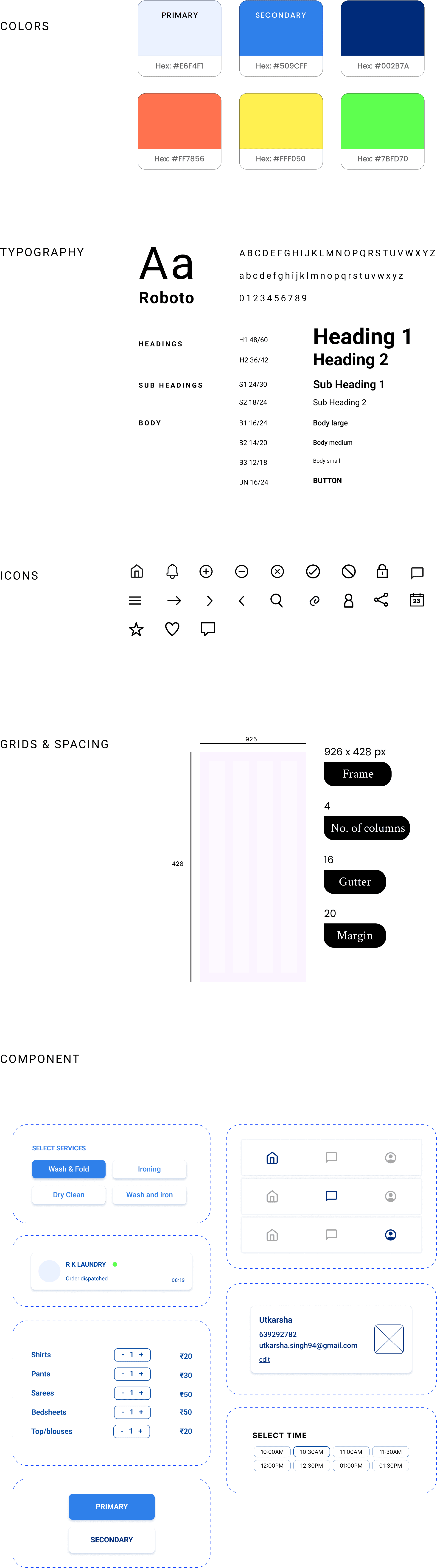 Design system: colour palette, Roboto type scale, icons, grids and spacing on an iPhone 14 Plus frame, and UI components