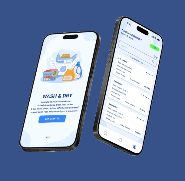LaundryMate app screens on two phones