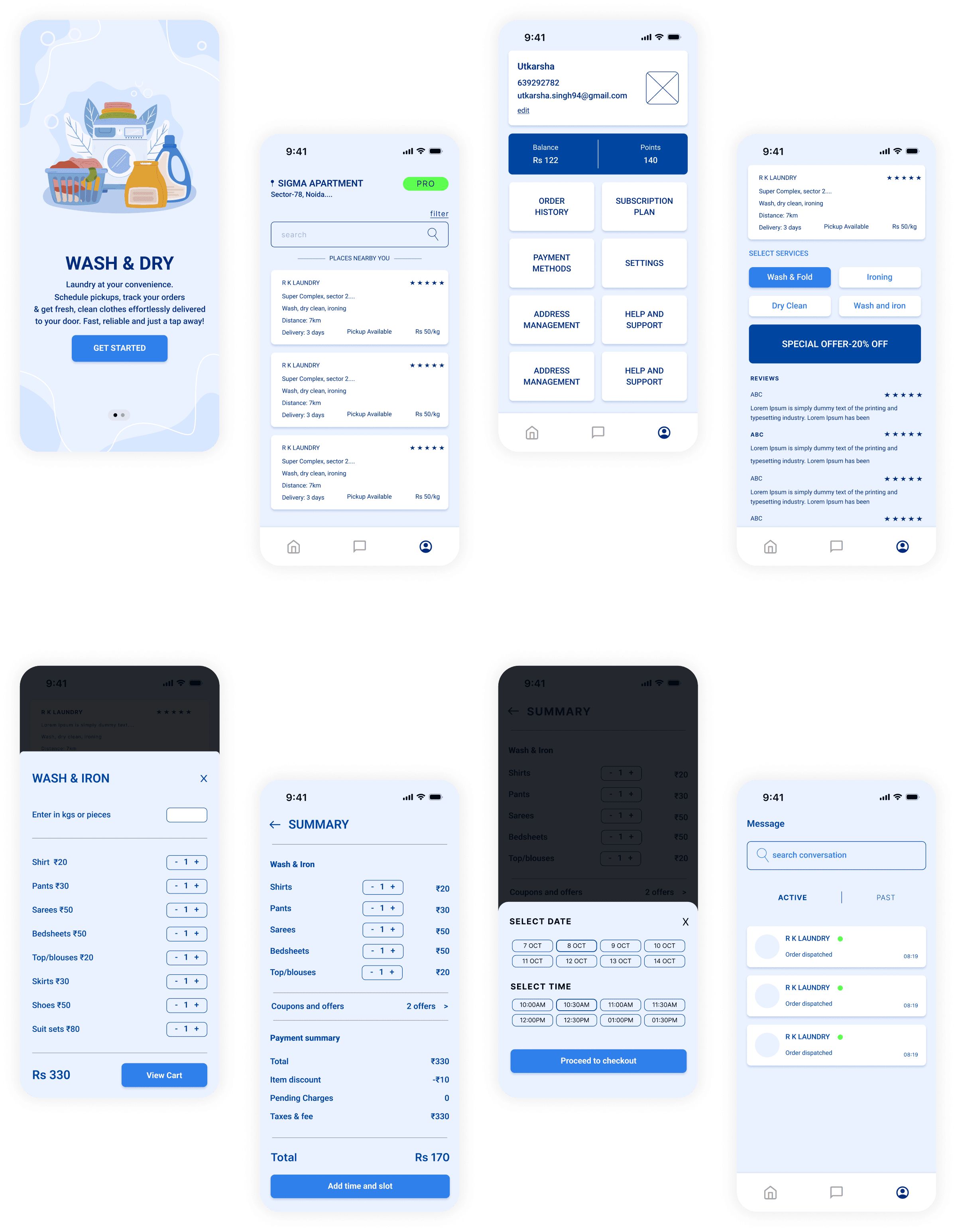 Final visual design of eight LaundryMate app screens