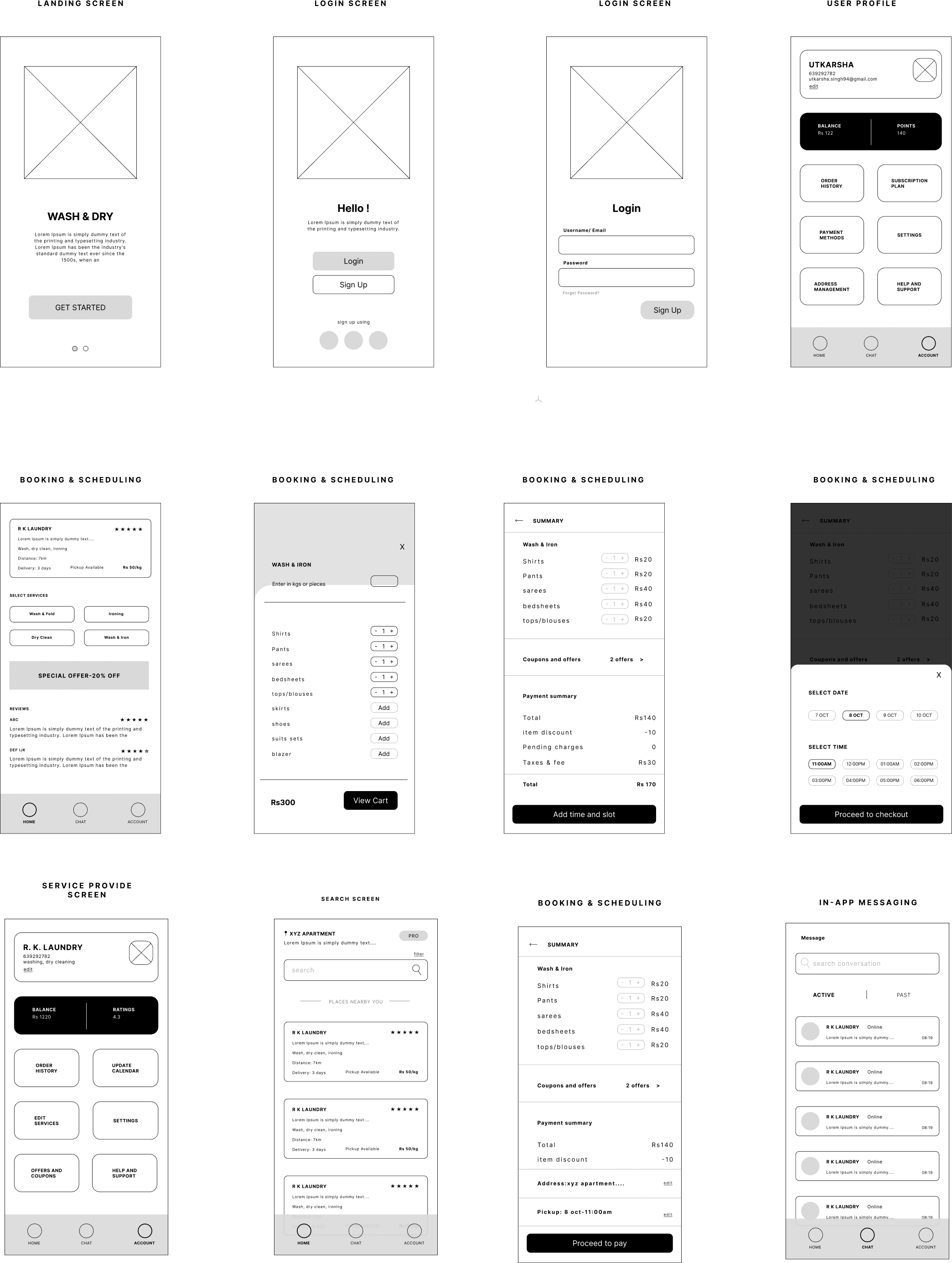 Wireframes: landing, login, user profile, booking and scheduling, service provider, search and in-app messaging screens