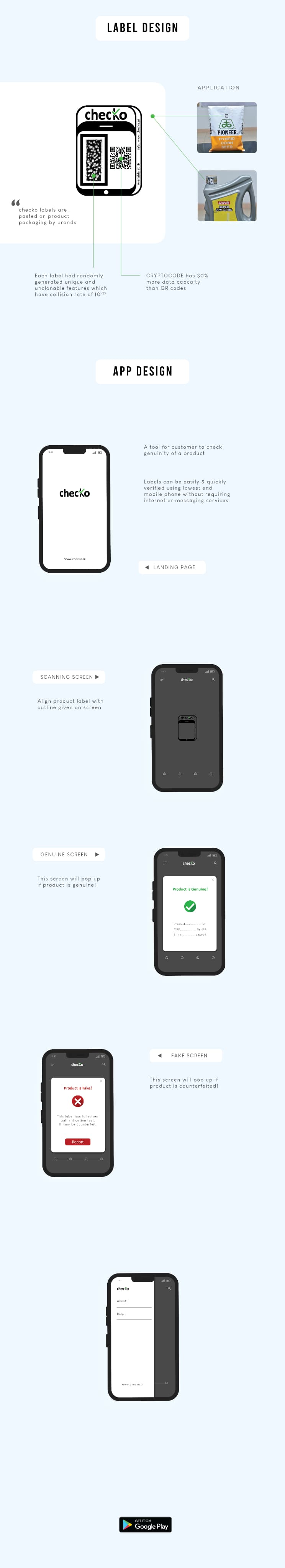 Checko case study: label design with CRYPTOCODE and QR, application on product packaging, and app design — landing page and scanning screen