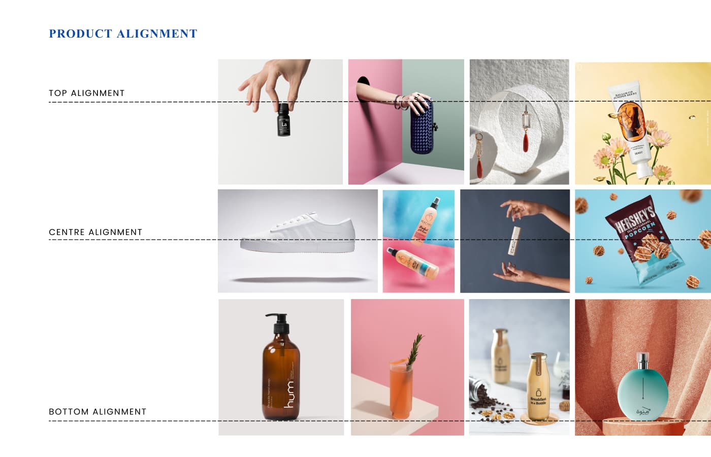 Product alignment grid showing top, centre and bottom alignment of product shots